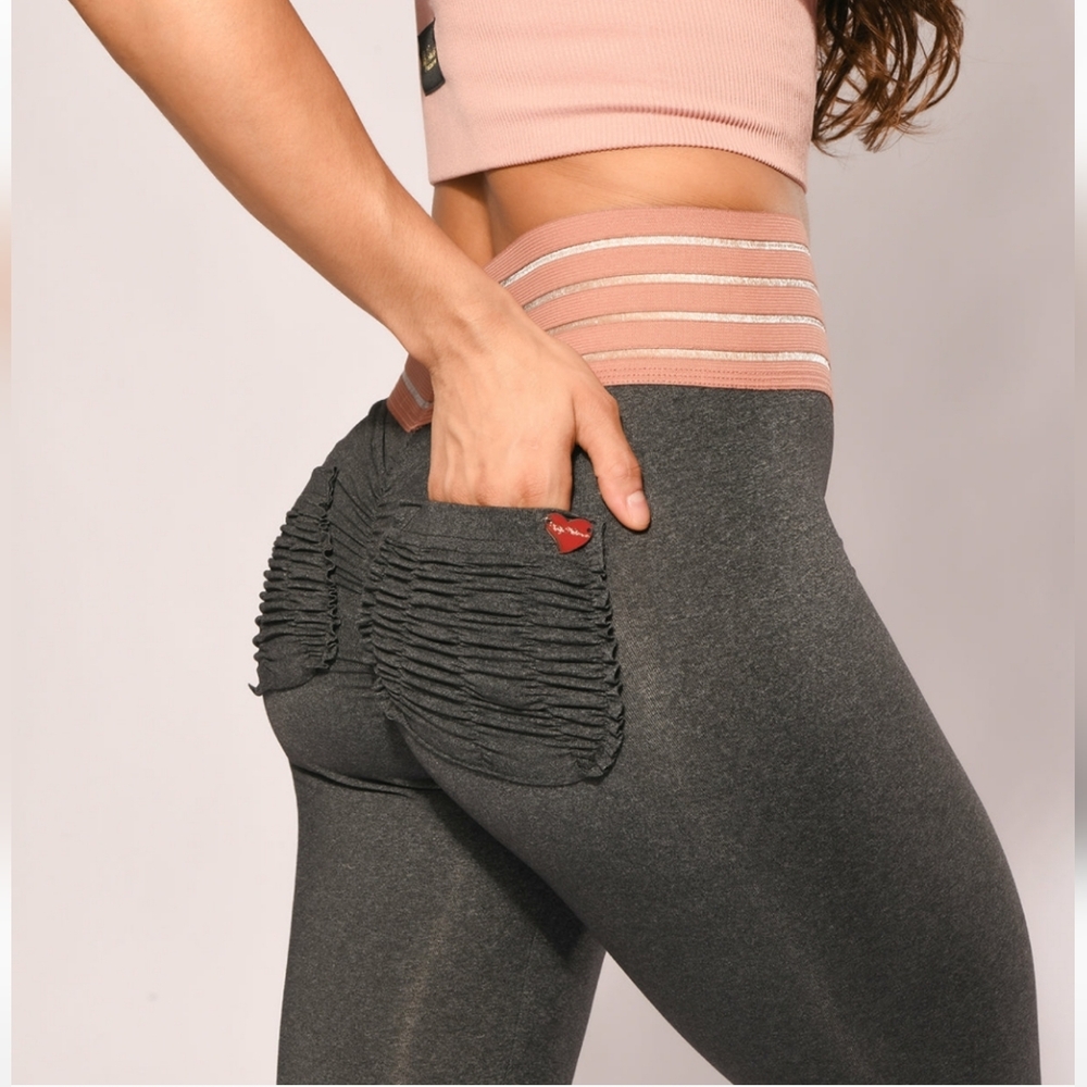 Cute Booty Lounge Charcoal Gray Leggings with Dusty Pink Waistband